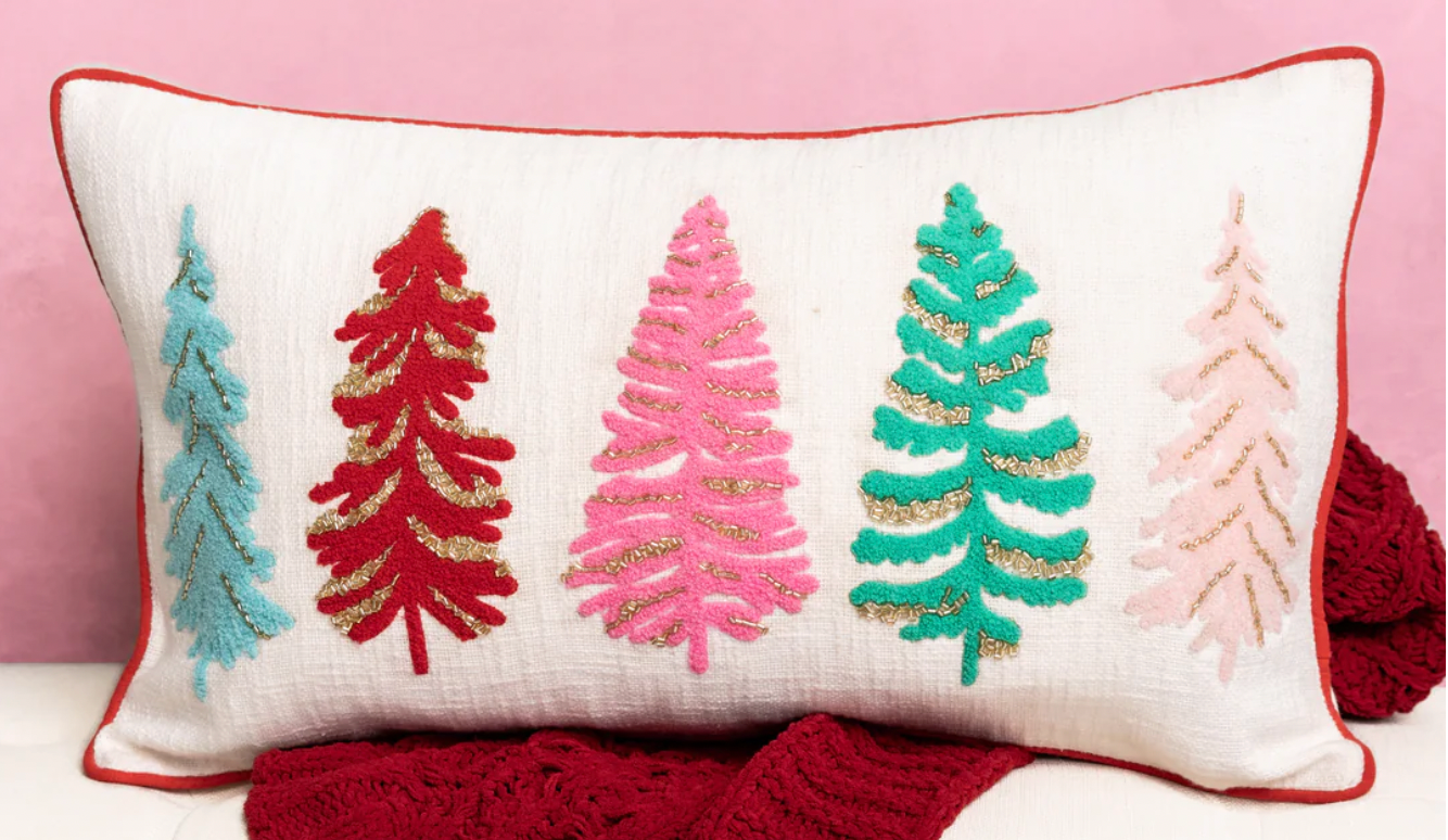 Mary Square Embroidered Lumbar Pillow - Colorful Trees