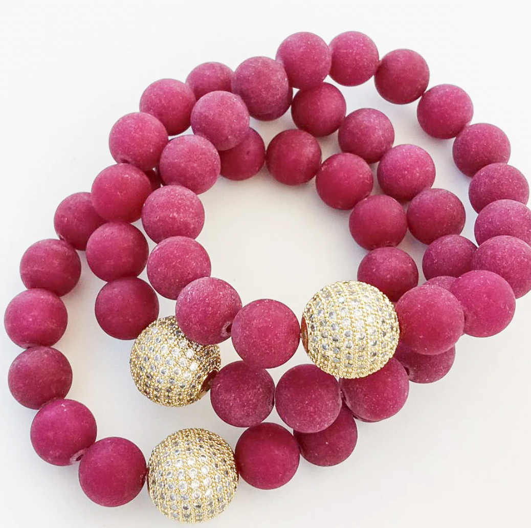 Virtue Jewelry Matte Cranberry Gemstone Pave Ball Bracelet