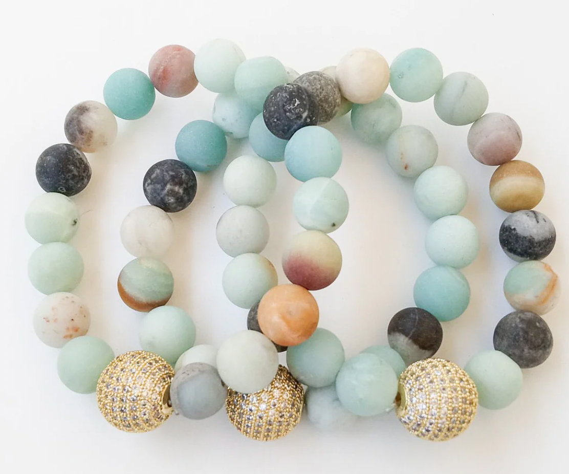 Virtue Jewelry Matte Amazonite Gemstone Pave Ball Bracelet