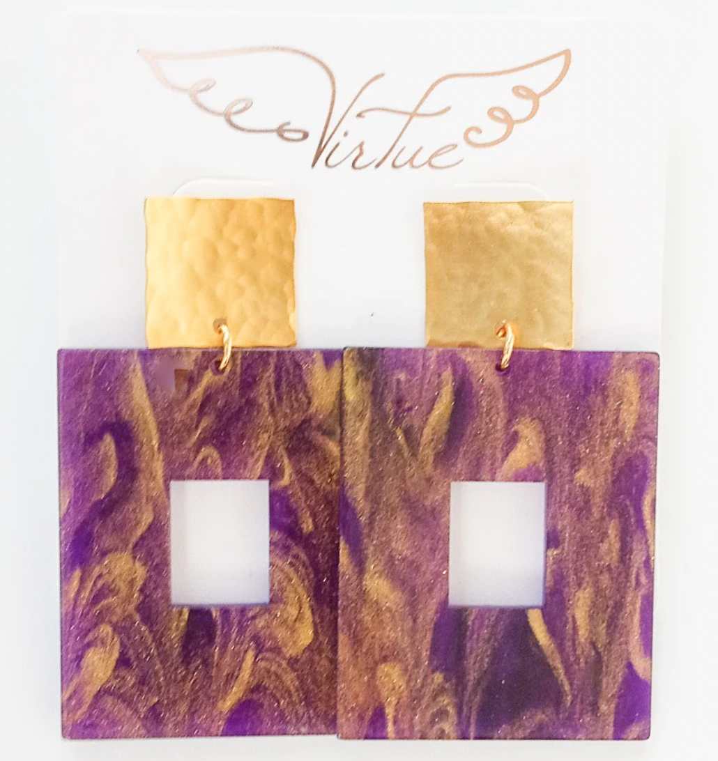 Virtue Jewelry Square Hammered Post Acrylic Earrings - Purple and Gold Glitter