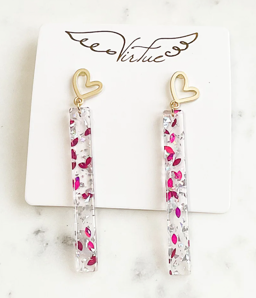 Virtue Jewelry Heart Post Acrylic Bar Earring - Hot Pink/Silver Fleck