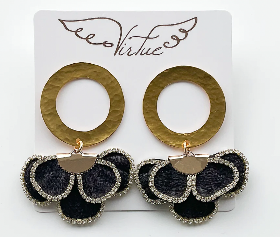 Virtue Black Rhinestone Flower on Hammered Circle Earrings