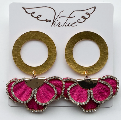 Virtue Hot Pink Rhinestone Flower on Hammered Circle Earrings