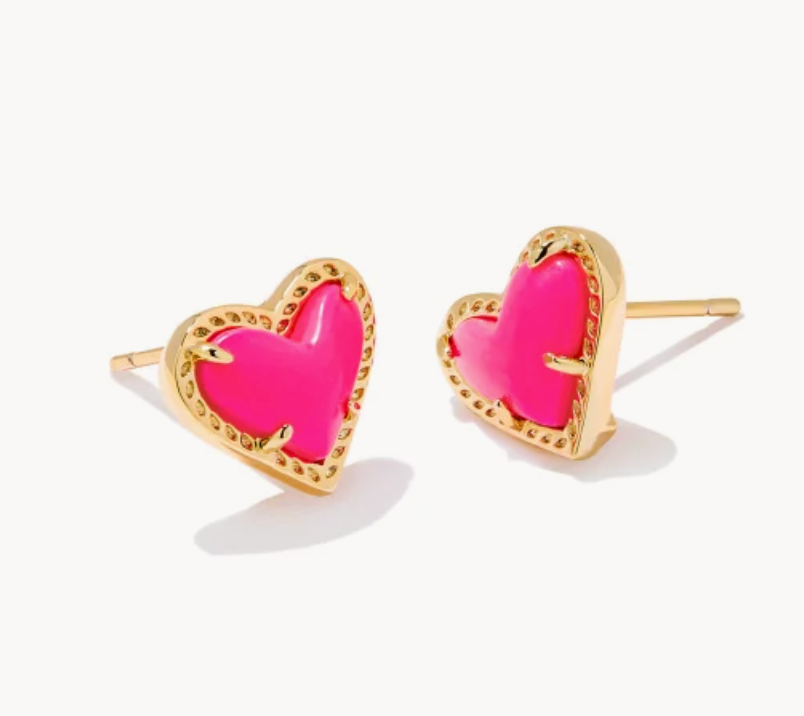 Kendra Scott Ari Heart Gold Stud Earrings in Neon Pink Magnesite