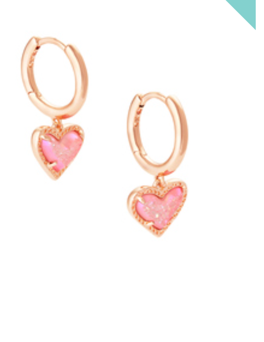 Kendra Scott Ari Rose Gold Heart Earrings in Pink Drusy