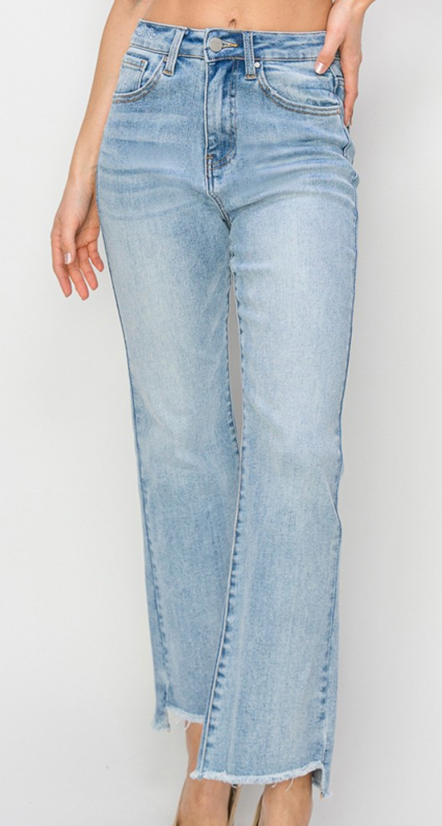 Risen Light Wash Side Step Hem Crop Flare Jeans