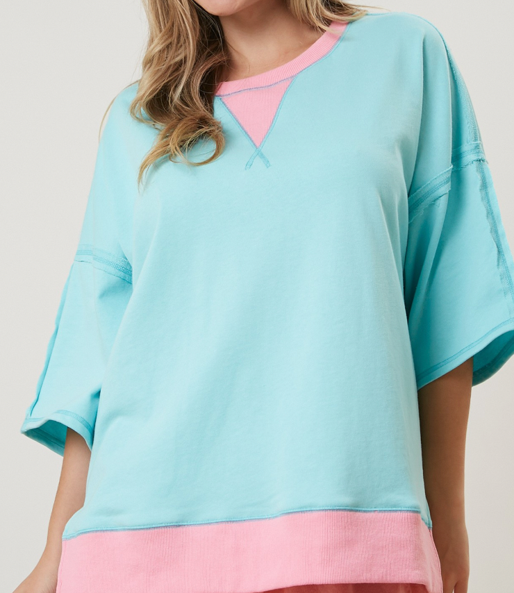 Blue and Pink Contrast Oversized Tee