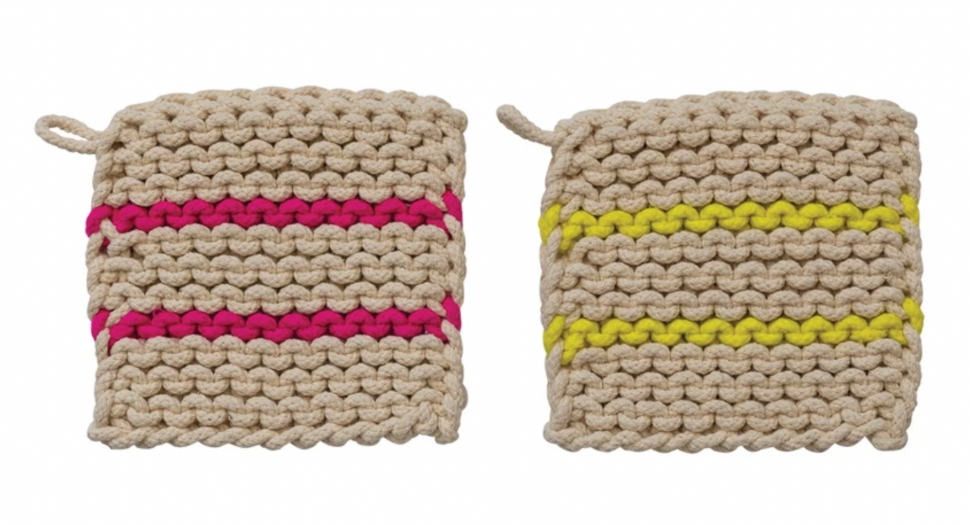 Cotton Crochet Neon pink & Yellow Stripe Pot Holder Set