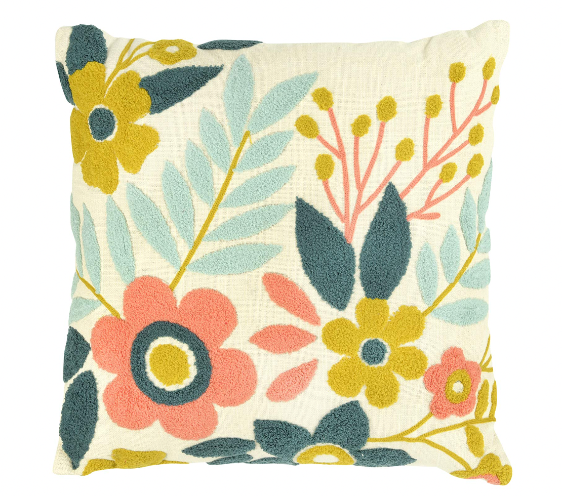 18" Square Cotton Floral Embroidered Pillow