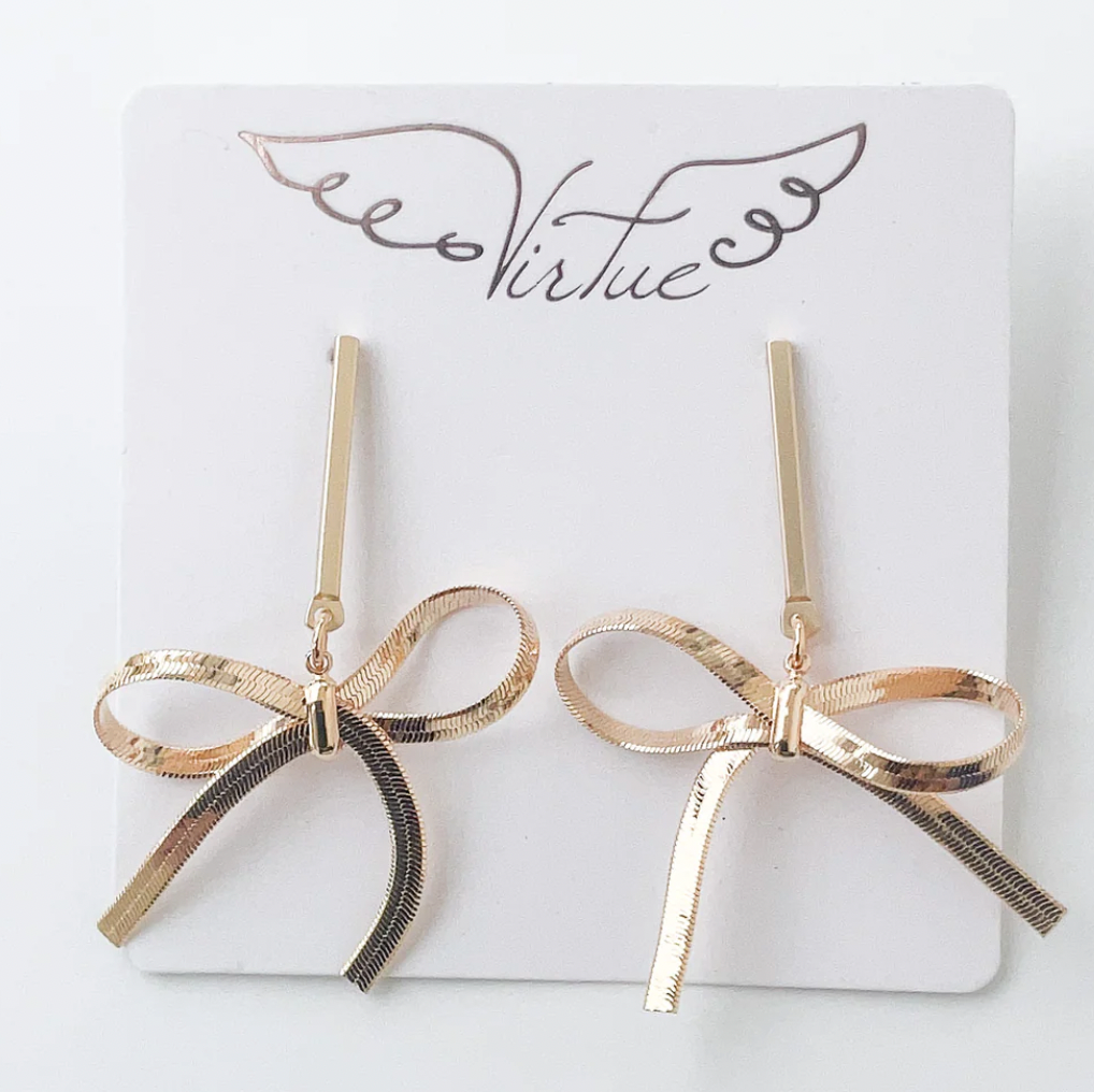 Virtue Jewelry Gold Bar Post w/ Snake Chain Bow Earrings