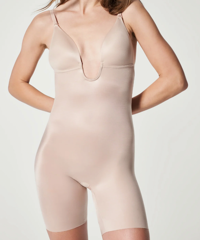 SPANX Suit Your Fancy Shaping Plunge Low-Back Mid-Thigh Bodysuit- Champagne Beige