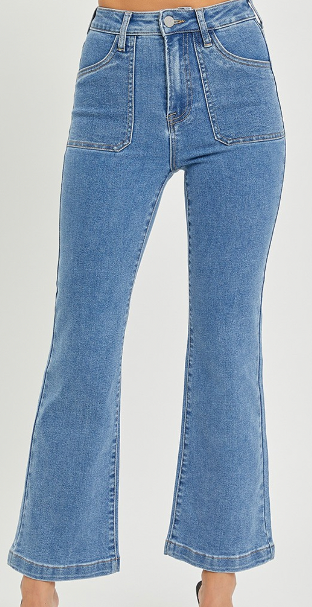 Risen Medium Wash High Rise Ankle Flare Jeans