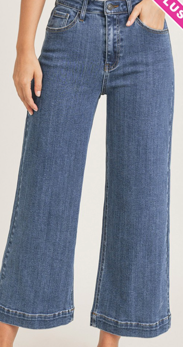 Risen Medium Wash Ankle Wide Leg Jeans