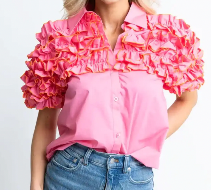 Karlie Pink Solid Ruffle Contrast Stitch Button Up Top