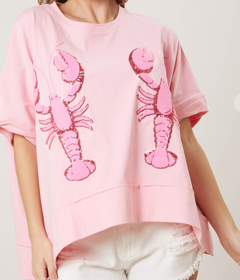 Pink Sequin Crawfish French Terry Tee