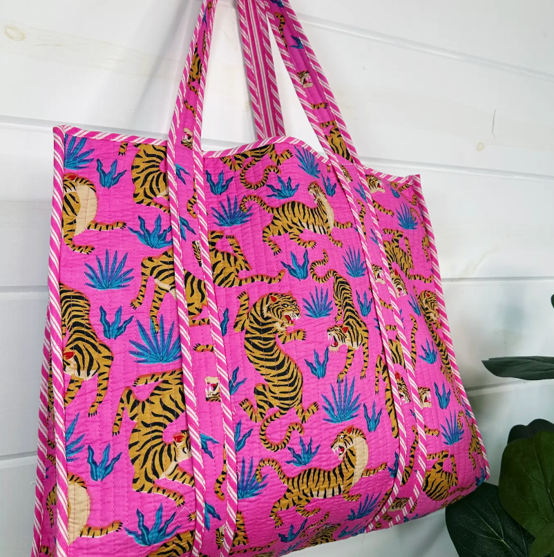 Cotton Quilted Pink and Blue Tigers Large Tote Bag