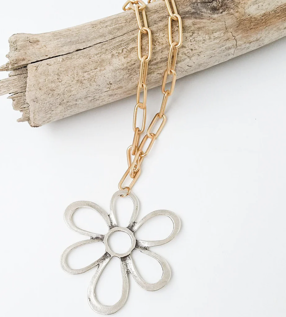 Virtue Jewelry Gold/Silver Abstract Daisy on XL Paperclip Chain