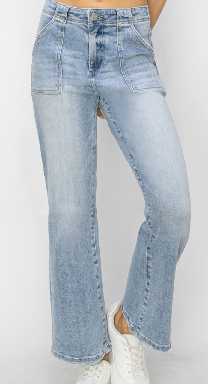 Risen Light Wash High Rise Patch Pocket Ankle Flare Jeans