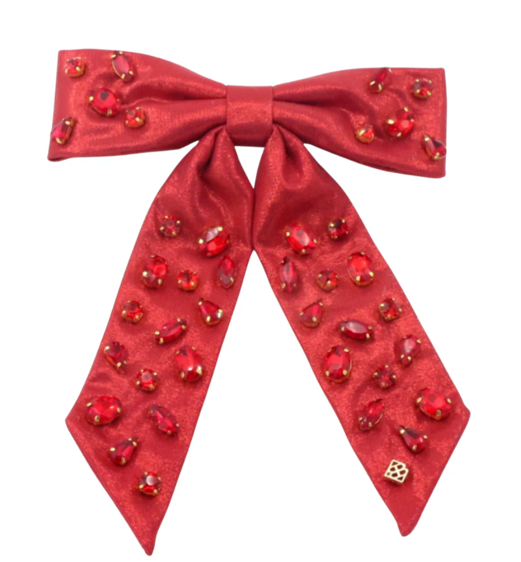 Brianna Cannon Shimmer Bow Barrette with Hand Sewn Crystals in Red