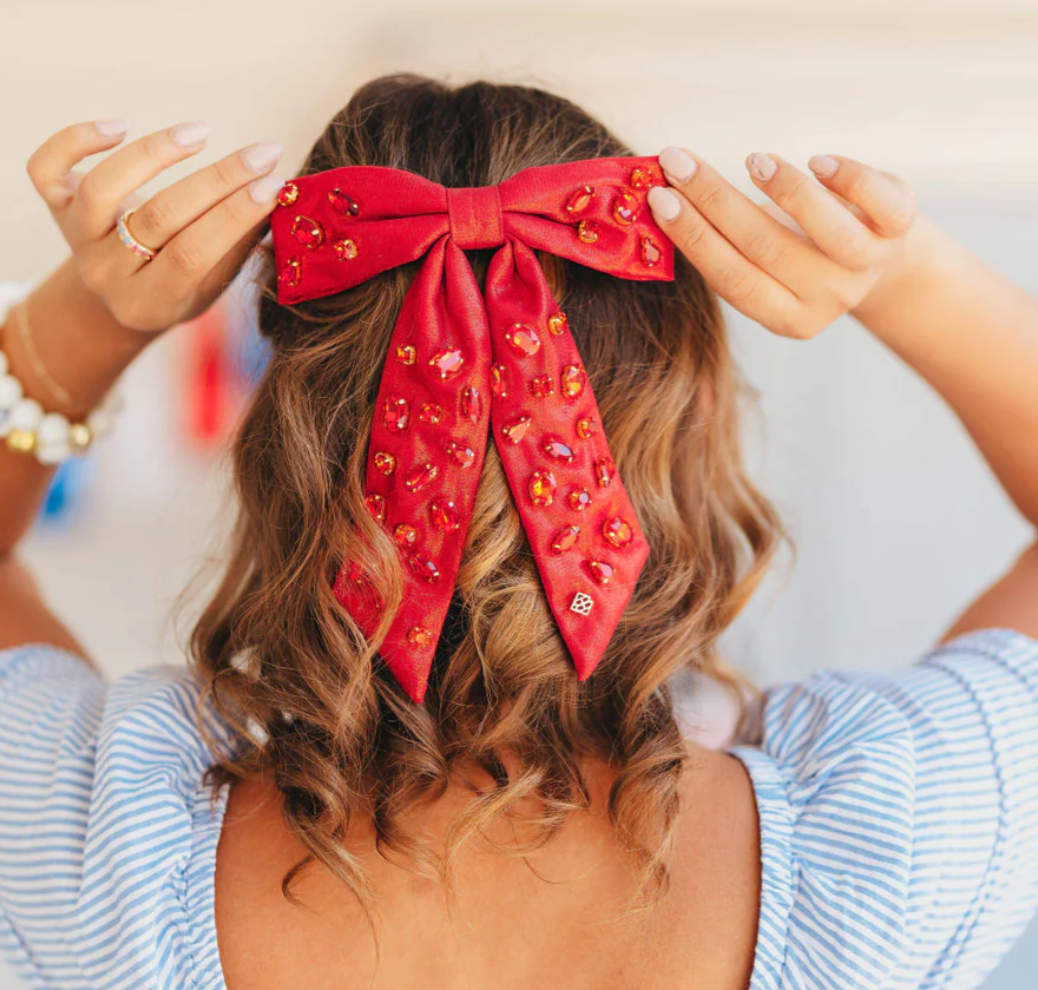 Brianna Cannon Shimmer Bow Barrette with Hand Sewn Crystals in Red