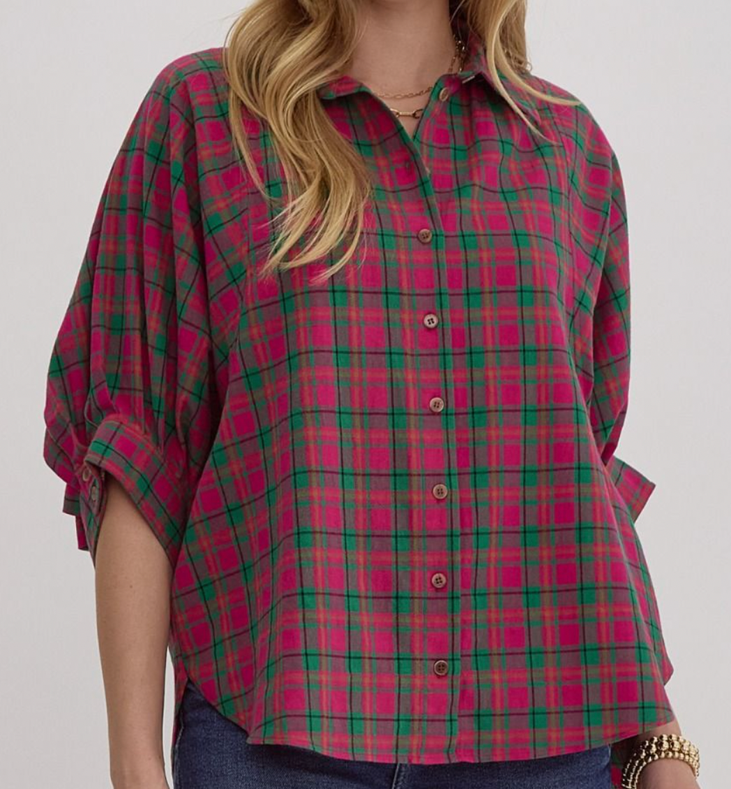 Magenta Oversized Plaid Button Down Blouse