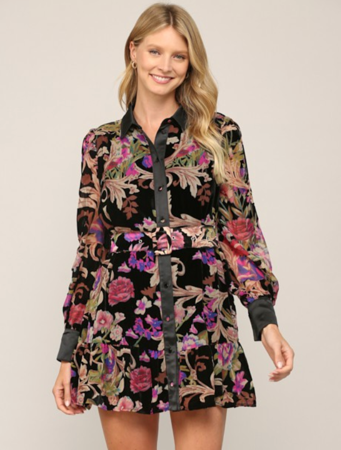 Black Multi Velvet Floral Burnout Belted Dress