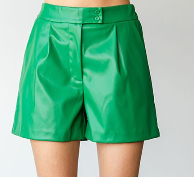 Green Faux Leather Button Detail Shorts