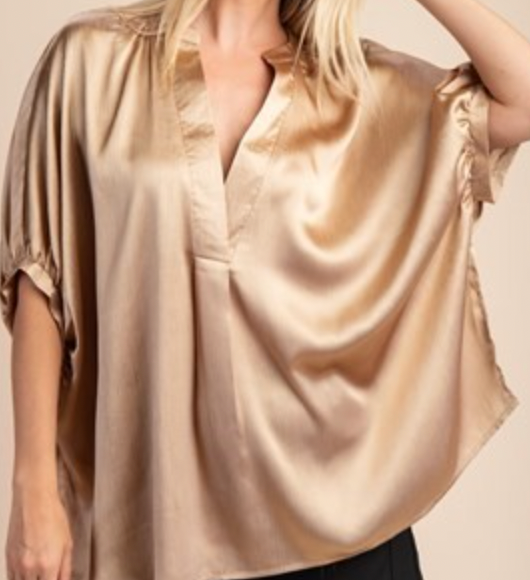 Taupe Simple V-Neck Oversized Satin Blouse