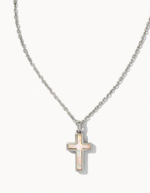 Kendra Scott Cross Pendant Silver Necklace in White Opal