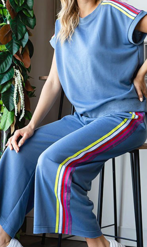 Steel Blue Multicolor Striped Drop Shoulder Top and Pant Set