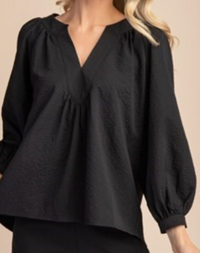 Black V Neck Placket 3/4 Sleeve Top