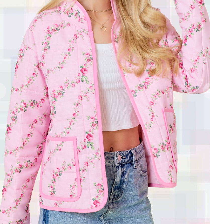 Pink Floral Contrast Trim Quilted Jacket