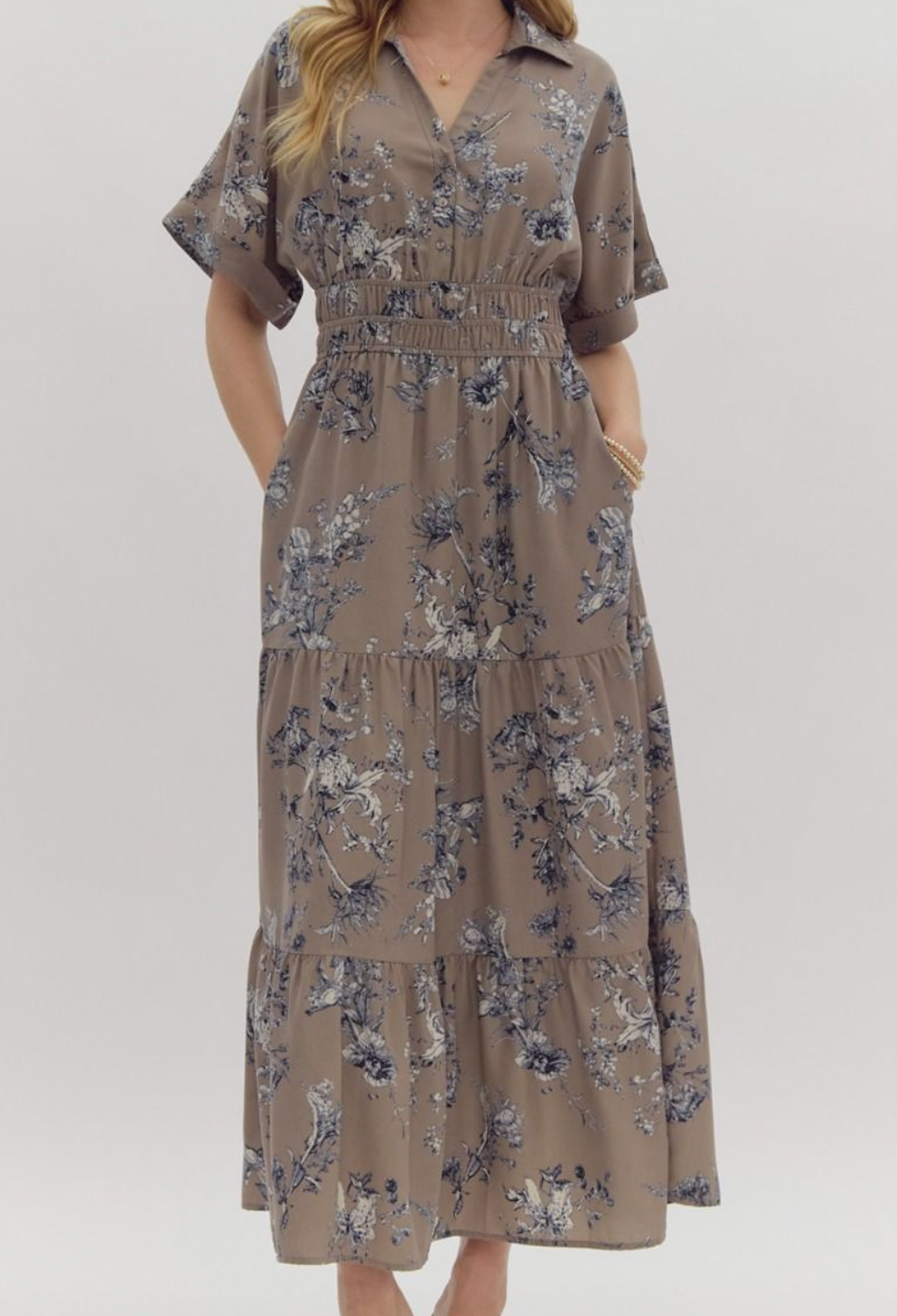 Mocha Grey Floral V-Neck Collared Midi Dress