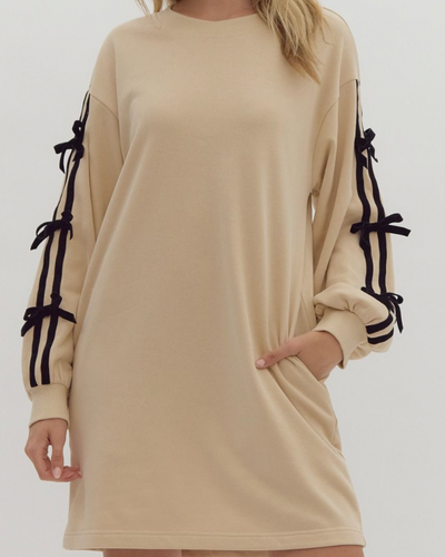 Taupe Bow Detail Long Sleeve Dress