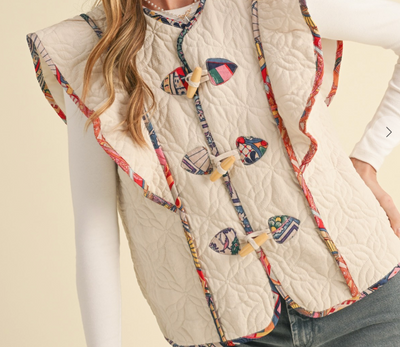 Beige Flutter Sleeve Quilted Vest