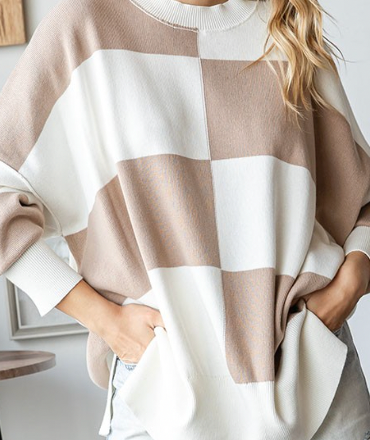 Taupe and Off White Colorblock Drop Shoulder Sweater