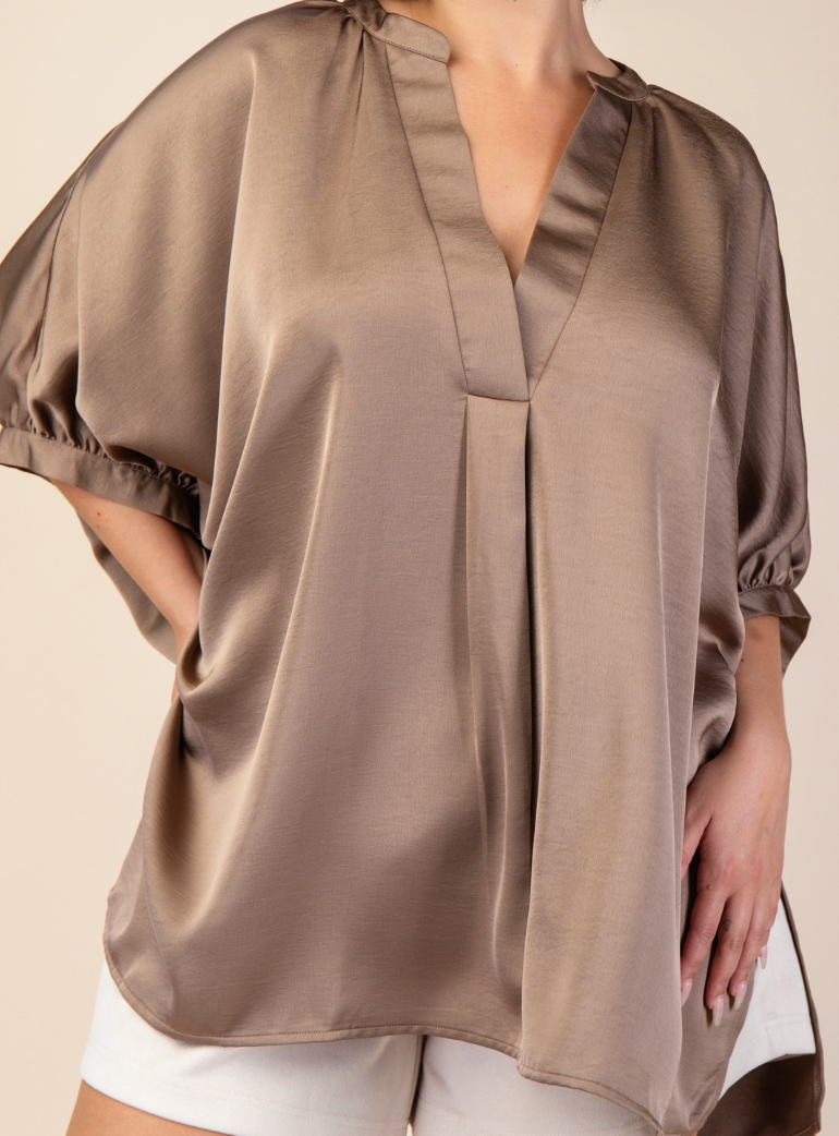 Mocha Notch Neck Oversized Satin Blouse