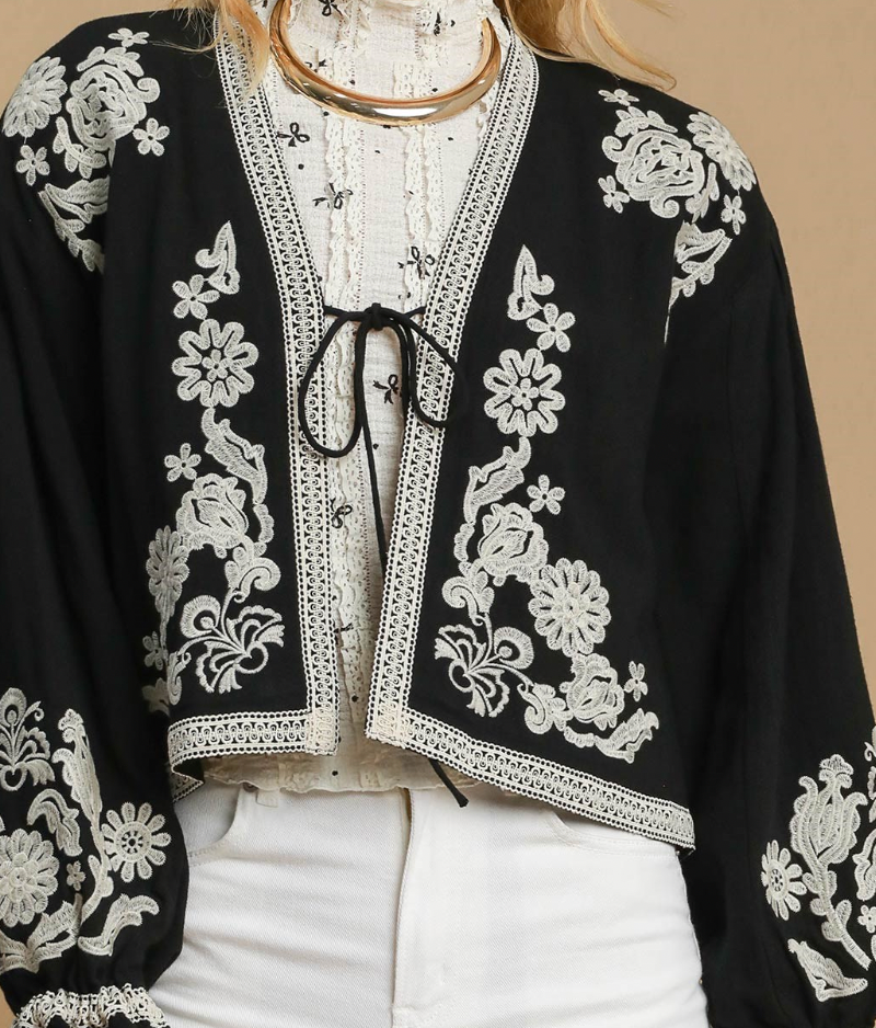 Black Embroidered Lace Detail Cardigan