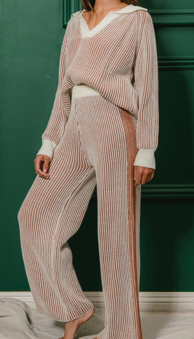 Ivory and Cinnamon Ribbed Sweater and Pant Set