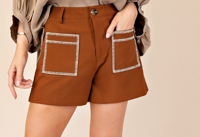 Brown High Waisted Embroidered Shorts