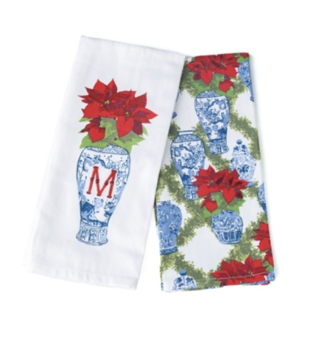 8 Oak Lane Poinsettia Initial Chinoiserie Towel Set