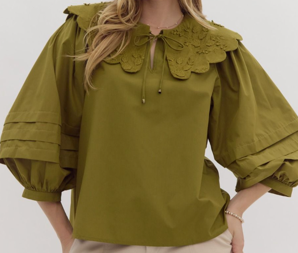 Olive Oversized Scallop Collar 3/4 Sleeve Top