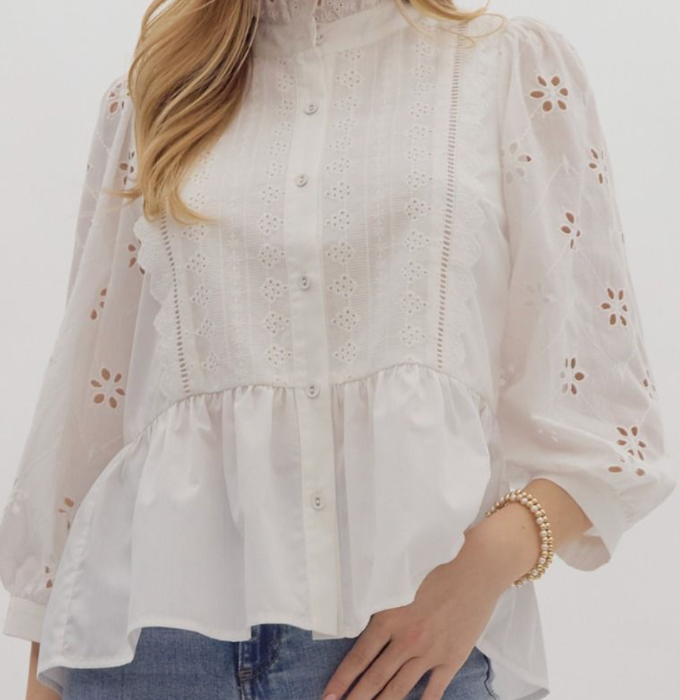 Off White Eyelet Button Down Top