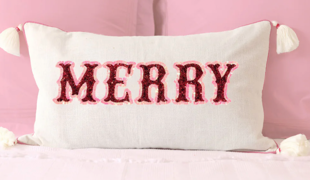 Mary Square Embroidered Lumbar Pillow- Merry