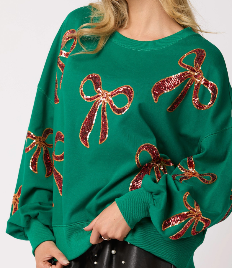 Green Christmas Embroidered Bow Sweatshirt