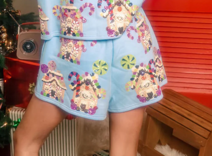 Queen of Sparkles Light Blue Gingerbread Houses Shorts