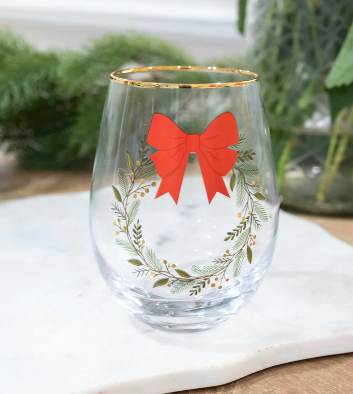 Mary Square Stemless Wine Glass- Red Bow Wreath