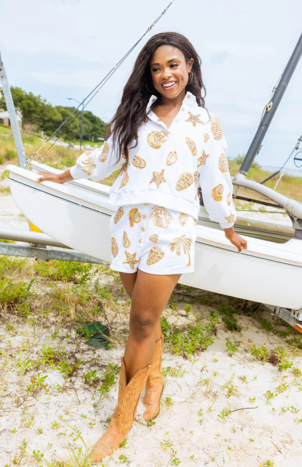 Queen of Sparkles White & Gold Shell Henley Sweatshirt