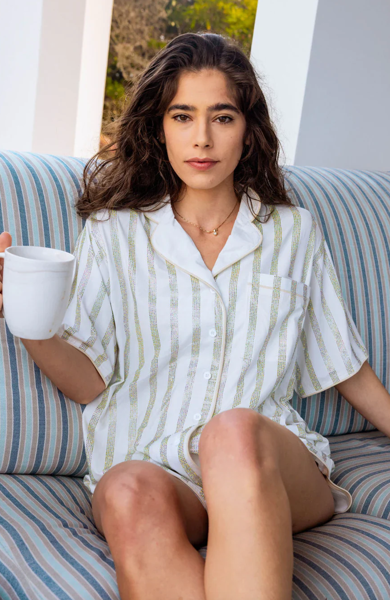 Queen of Sparkles White Rhinestone Stripe Pajama Short Sleeve Top