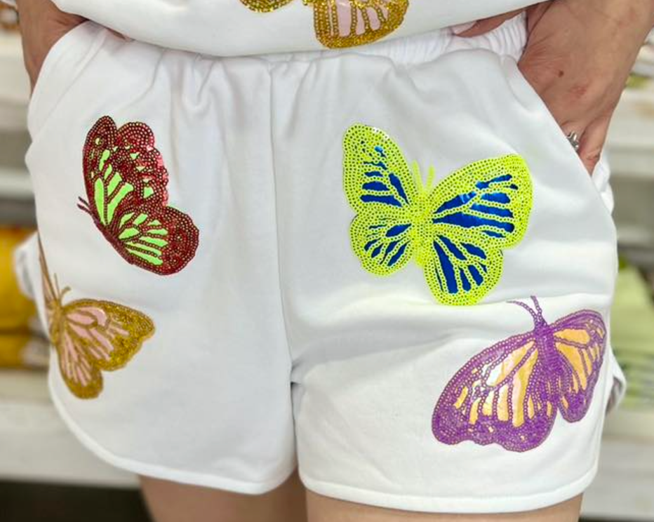 Queen Of Sparkles White Multi Butterfly Short